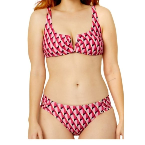 Bikini Swimsuit Top Pink Black White Geometric Print V-Wire Woman's S 4/6 LR112 - Picture 6 of 8